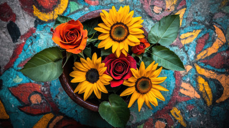 A stunning floral arrangement featuring sunflowers and roses in a decorative bowl, set against a colorful textured background. Perfect for nature lovers.の素材