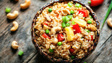 A vibrant bowl of colorful rice mixed with nuts and fresh vegetables. Perfect for healthy meal options, this dish combines taste and nutrition beautifully.の素材
