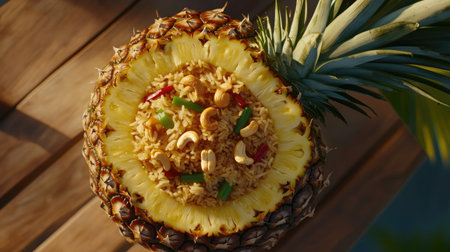 A vibrant dish of rice served inside a halved pineapple, garnished with herbs and nuts, perfect for summer meals or tropical-themed gatherings.の素材