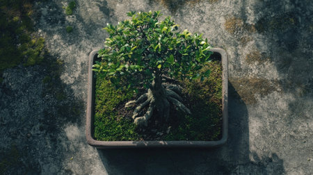 A vibrant bonsai tree in a pot rests on a textured stone surface, showcasing its rich green leaves and intricate roots. This image captures the essence of nature and tranquility.の素材