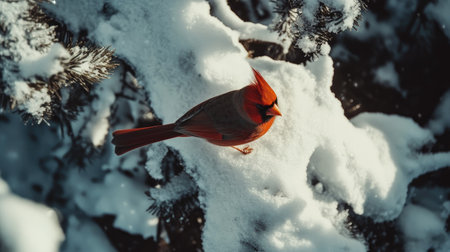A vibrant red bird perched on snow-covered branches captures the essence of winter's beauty. The serene scene showcases nature's colorful wildlife against a frosty backdrop.の素材