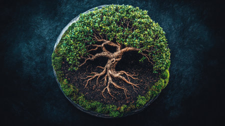 A stunning bonsai tree with intricate roots set on a stone base, surrounded by lush green moss, capturing the essence of nature's beauty and tranquility.の素材