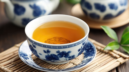 A serene image of a traditional tea cup filled with golden tea, surrounded by elements of nature, perfect for showcasing relaxation and cultural richness.の素材