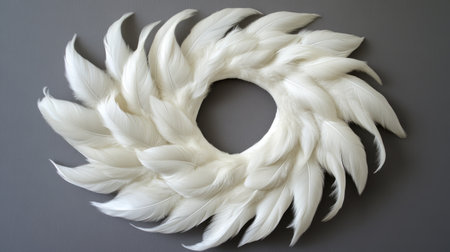 An elegant round wreath made of soft white feathers, perfect for home decoration. This unique piece adds a touch of beauty and warmth to any indoor space.の素材