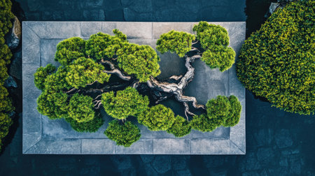 An aerial view showcasing a beautifully shaped bonsai tree on a stone platform, capturing the harmony of nature and art in a serene outdoor setting.の素材