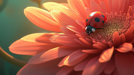 A vibrant ladybug rests delicately on a blooming flower, surrounded by soft light and gentle colors. This image captures the essence of nature's beauty and harmony.の素材