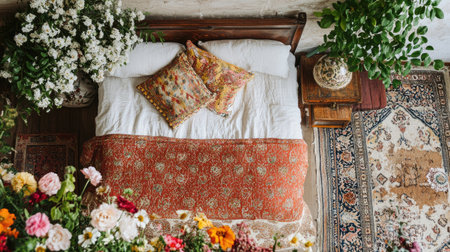 A cozy bedroom featuring vibrant flowers and lush plants, showcasing a serene atmosphere with inviting textiles and natural light, perfect for relaxation.の素材