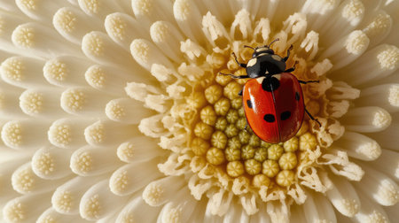 A striking close-up image of a ladybug resting on a white flower, showcasing vibrant colors and intricate details of nature's beauty. Perfect for nature lovers.の素材
