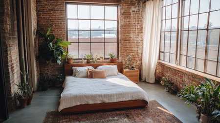 A cozy urban bedroom featuring natural light, greenery, and a minimalist design. The inviting space combines comfort and style with wooden elements.の素材