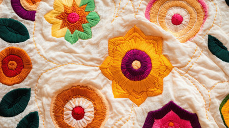 This image features vibrant floral embroidery on a soft fabric, showcasing intricate patterns and bright colors. Ideal for craft and textile design projects.の素材