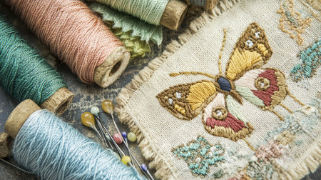 A close-up view of vibrant embroidery threads alongside a beautifully stitched butterfly design on fabric, ideal for crafting and sewing inspirations.の素材