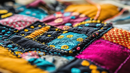 Explore a vibrant patchwork textile featuring intricate embroidery. The close-up view highlights the variety of textures and colors, showcasing artistic craftsmanship.の素材