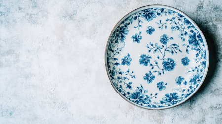 A beautiful blue and white floral plate resting on a textured surface, perfect for evoking elegance in a dining or decor setting. Ideal for aesthetic projects.の素材