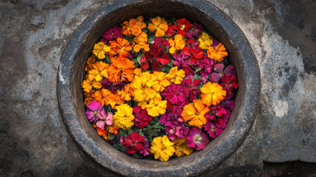 A stunning array of vibrant flowers fills a rustic stone pot, showcasing a beautiful blend of colors. This eye-catching arrangement highlights nature's beauty.の素材