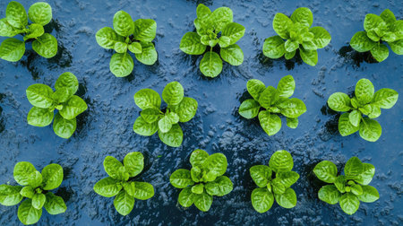 Aerial view of vibrant green lettuce plants thriving in neat rows, showcasing fresh leaves and healthy growth in a sustainable garden setting. Ideal for agriculture and gardening themes.の素材