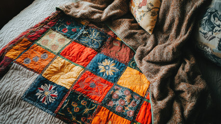 This cozy quilt features vibrant, patchwork patterns that create a warm and inviting atmosphere. Perfect for enhancing your dの素材