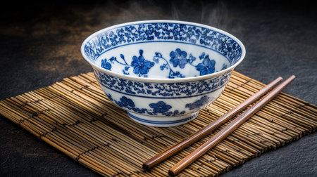 A traditional blue floral bowl sits on a bamboo mat, steam rising from the hot soup inside. Wooden chopsticks rest beside, creating an inviting atmosphere.の素材