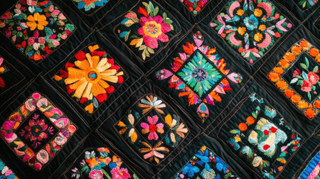 This vibrant embroidered quilt features intricate floral patterns and bright colors. Ideal for home decor or textile art projects, it showcases creativity and craftsmanship.の素材