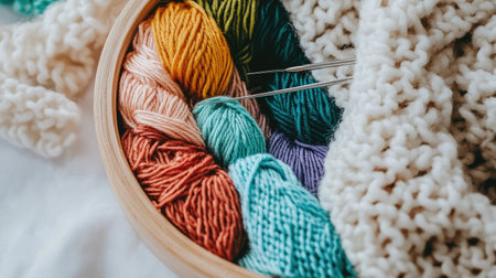 A vibrant assortment of colorful yarn arranged in a wooden basket, accompanied by knitting needles, perfect for showcasing creative crafting and cozy hobbies.の素材