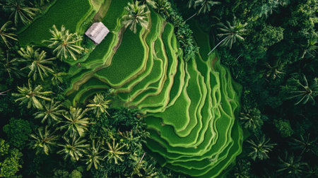 Experience the breathtaking beauty of lush green rice terraces in a tropical landscape. This serene and verdant scene showcases the harmony between nature and agriculture.の素材