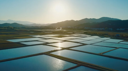 An aerial shot captures tranquil rice fields reflecting sunlight at sunrise. This serene landscape showcases nature's beauty with distant hills and calm water.の素材
