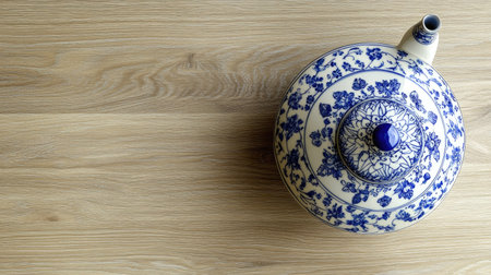 A beautiful blue and white teapot rests on a light wooden surface, showcasing intricate floral patterns. Ideal for vintage and home decor themes.の素材
