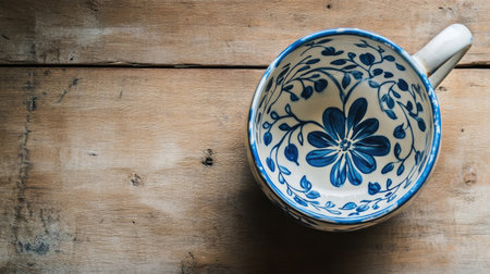 This elegant ceramic coffee cup features a beautiful blue and white floral design, resting on a rustic wooden table, perfect for enhancing any kitchen aesthetic.の素材