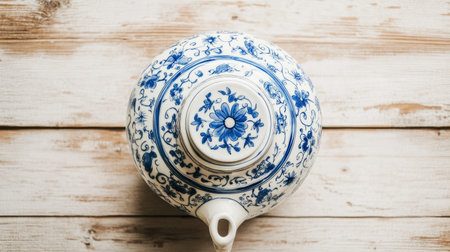 An elegant blue and white teapot with exquisite floral patterns set on a rustic wooden background. Perfect for showcasing vintage charm in home decor.の素材