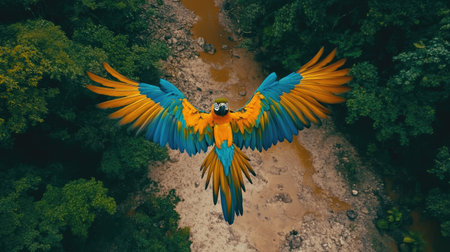 A stunning aerial view of a vibrant macaw flying gracefully over a lush green forest and winding river, showcasing the beauty of wildlife and nature.の素材