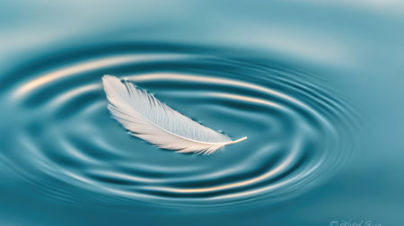 A delicate feather gracefully floats on a smooth water surface, creating gentle ripples and reflecting a sense of tranquility and peace in nature's beauty.の素材