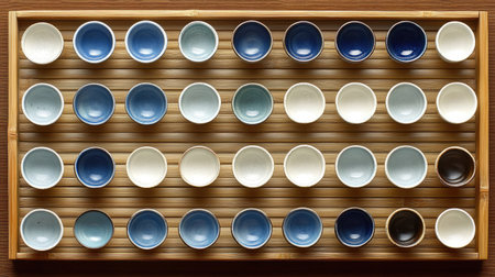 A visually appealing arrangement of colorful small bowls on a wooden tray, showcasing various shades of blue and earth tones for aesthetic decor.の素材