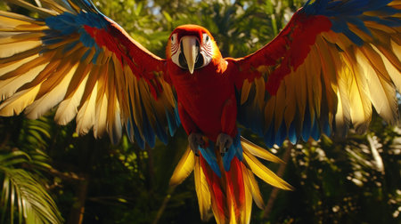 A striking scarlet macaw soars gracefully through the lush jungle, showcasing its vibrant feathers against the rich greenery and sunlight.の素材