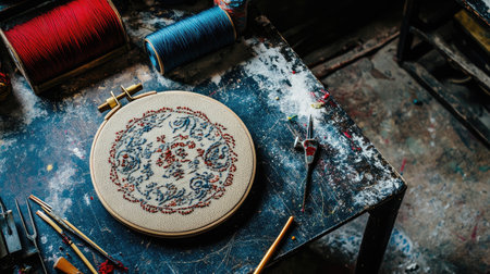 A rustic craft table showcasing an embroidery hoop, colorful threads, and sewing tools, reflecting the artistry and passion of handmade creations.の素材