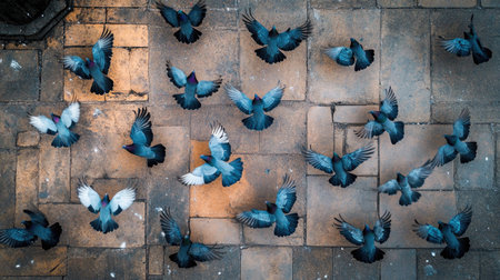 Aerial view of a flock of birds gracefully flying over city pavement. This image captures the beauty of nature amidst an urban environment, showcasing the dynamic movement of wildlife.の素材