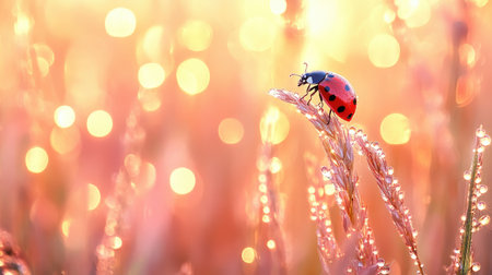 A stunning close-up of a ladybug perched on a dewy grass blade, surrounded by a vibrant bokeh backdrop. The image captures the serene essence of a morning in nature.の素材