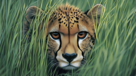A stunning close-up of a cheetah's face peeking through tall grass, showcasing its intense gaze and unique spots, embodying the essence of wildlife.の素材
