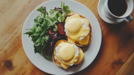 A mouthwatering plate of eggs benedict served with fresh salad and a cup of coffee on a wooden table, perfect for a delightful breakfast experience.の素材