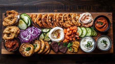 This vibrant platter showcases a delightful assortment of Middle Eastern appetizers, including fresh vegetables, savory dips, and flavorful spices, ideal for sharing.の素材