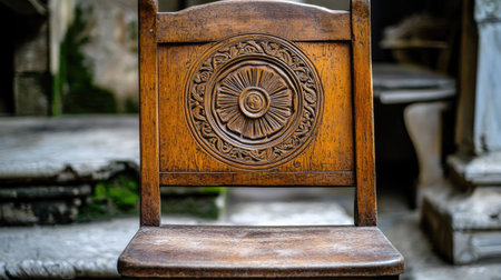 This image features an intricately carved wooden chair with a sunflower motif, showcasing detailed craftsmanship and a warm, rustic aesthetic. Perfect for interior design themes.の素材