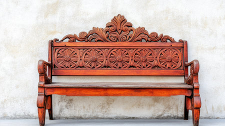 A beautifully crafted wooden bench showcases intricate carvings against a textured wall. Ideal for enhancing interior or exterior spaces with its rustic charm.の素材