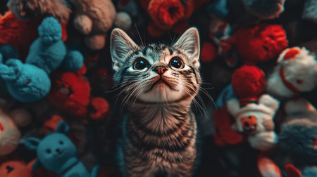 A charming kitten gazes upward amidst a vibrant collection of plush toys, capturing a sense of curiosity and playfulness in a cozy indoor setting.の素材
