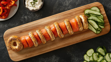 Delight in a vibrant salmon bagel platter showcasing fresh ingredients on a wooden board. Perfect for brunch or a casual gathering.の素材