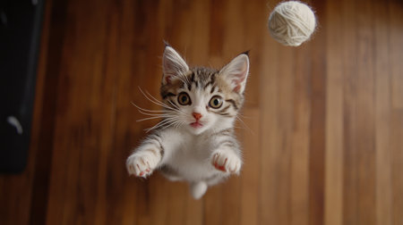 A playful kitten jumps excitedly towards a yarn ball, showcasing its adorable fur and curious expression in a warm indoor setting. Perfect for cat lovers!の素材