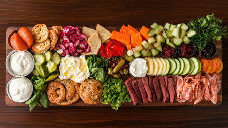 A vibrant platter showcasing an array of fresh vegetables, spreads, and flavorful snacks, perfect for gatherings, parties, or gourmet meals.の素材