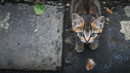 A delightful young kitten with striking eyes sits on a stone path, curiously observing a feather. Capturing the essence of playfulness and innocence in nature.の素材