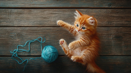 A playful orange kitten sits on a wooden surface, engaging with a bright yarn ball. The cute feline exhibits a sense of innocence and joy in this cozy setting.の素材