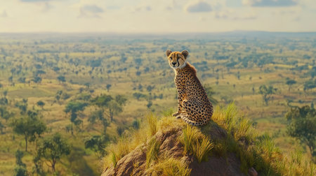 A stunning cheetah perched on a hill, surveying the expansive Serengeti landscape. This image captures the beauty and majesty of the African wilderness.の素材