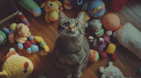 A playful cat sits amidst a variety of colorful toys, showcasing its curiosity and innocence in a cozy indoor environment filled with joy.の素材