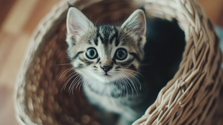 A charming kitten peeks out from a woven basket, showcasing its adorable features and playful demeanor, perfect for animal lovers and pet enthusiasts.の素材