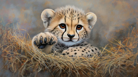 A charming portrait of a playful cheetah cub nestled in grass, showcasing its beautiful fur and expressive eyes, reflecting the charm of wildlife.の素材